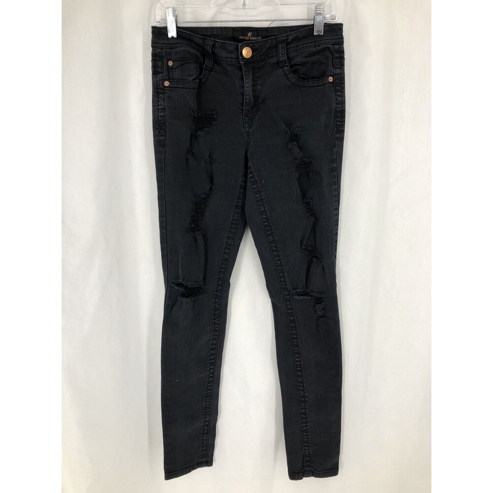 Almost Famous Black Distressed Destroyed Skinny Stretch Denim Jeans Size 7